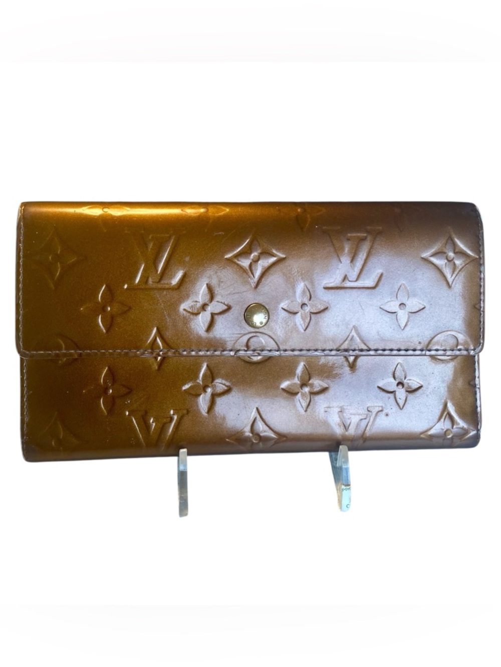 Louis Vuitton Monogram Vernis long tri-fold snap wallet, bronze color, authentic